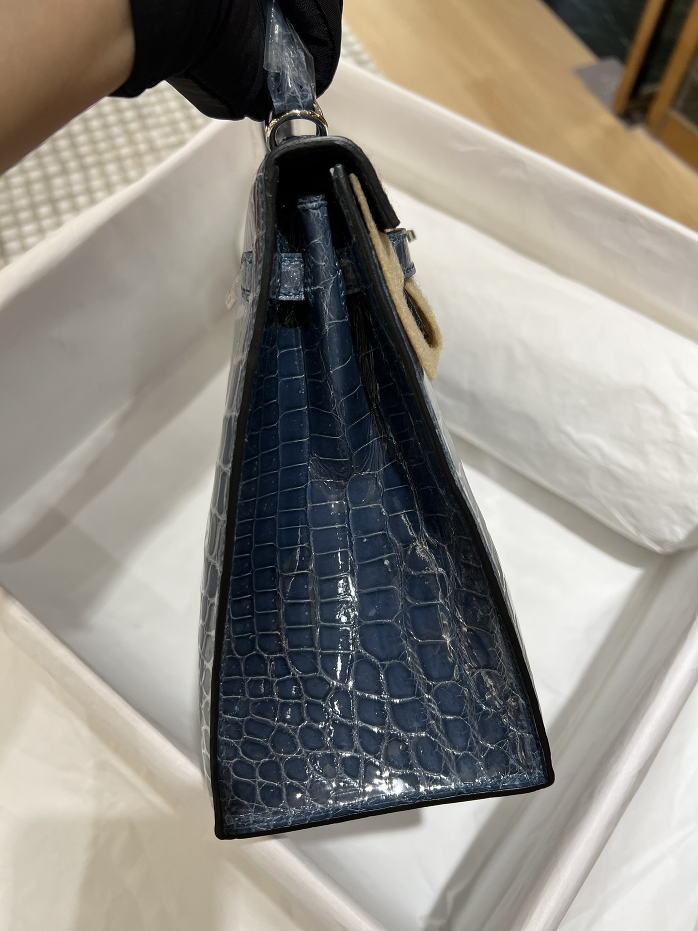 Hermes Kelly 25cm Handbag Shoulder Bag In Blue Saphir Shiny Crocodile Niloticus Leather